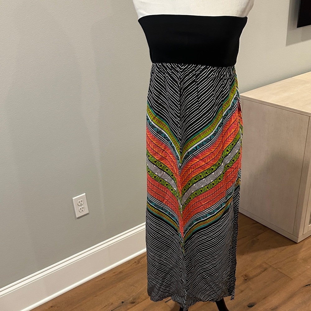Rip Curl Black Maxi Skirt with Coral, Green & Teal Chevron Panel